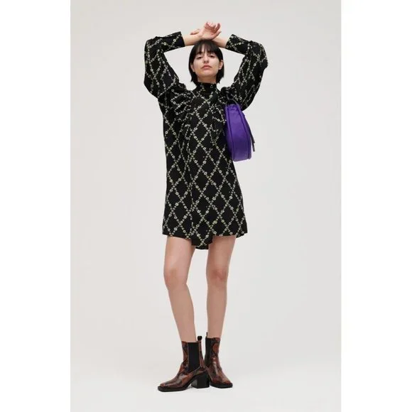 NWT GANNI Crepe Floral Print Mini Dress in Black Margarita Ruffle  sz 36 /655 - Picture 2 of 10